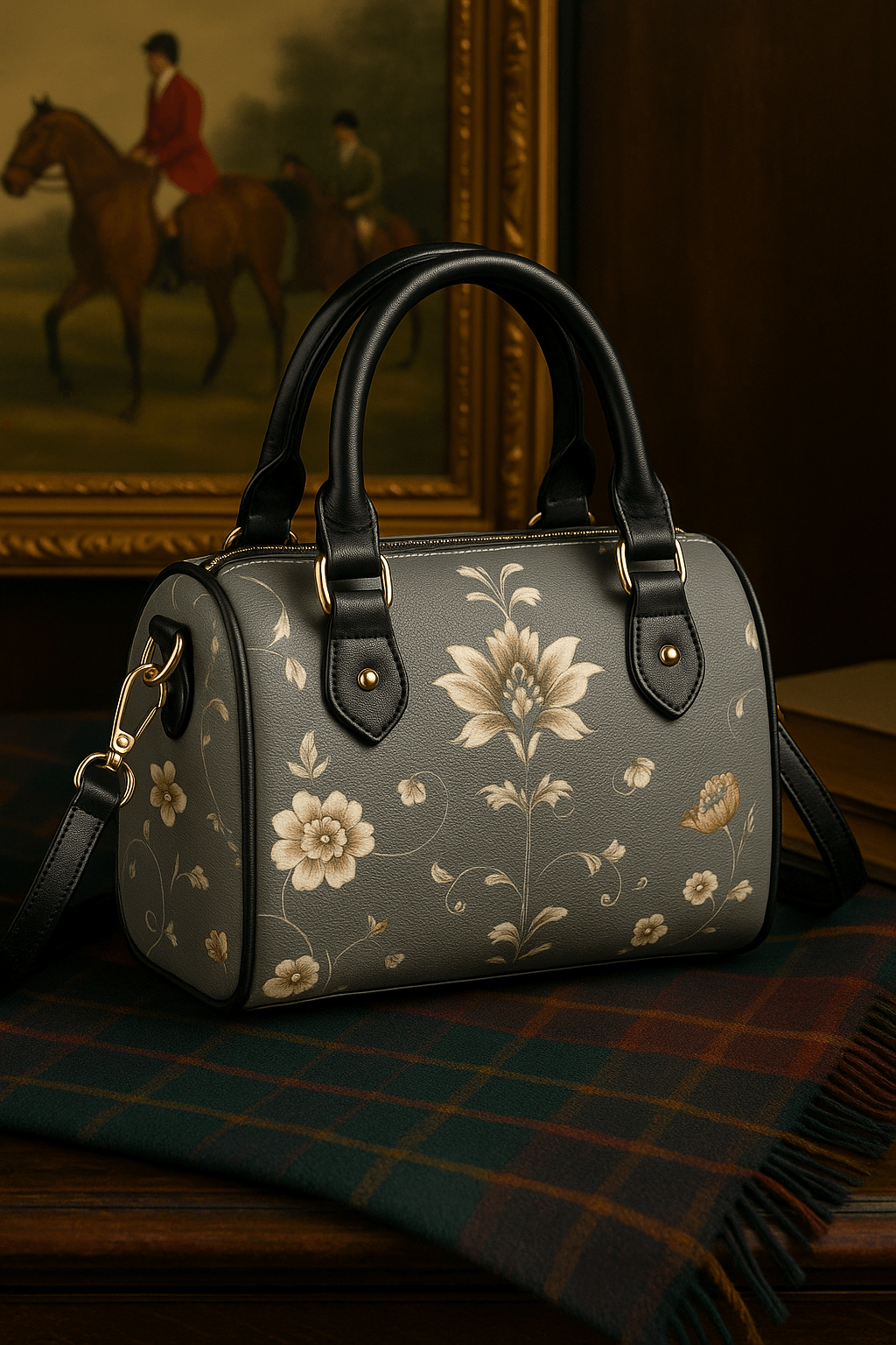 Silver floral baroque Crossbody satchel barrel handbag with black handles from Angelic Blessings Shop