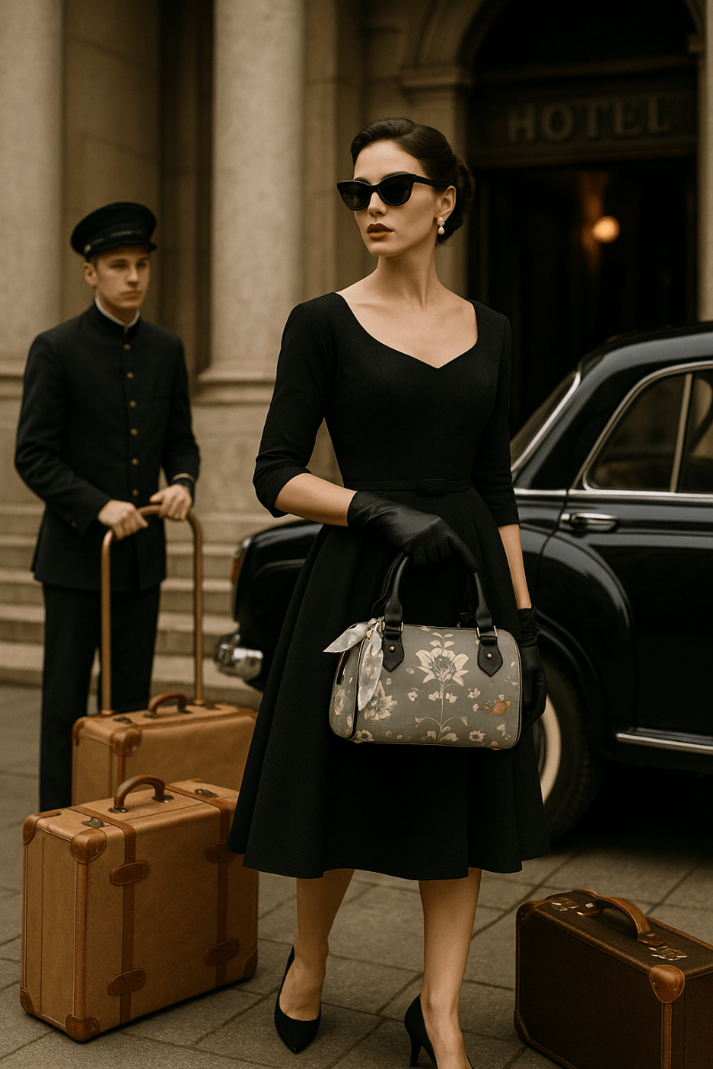 Silver floral baroque Crossbody satchel handbag held by woman in black dress and gloves near vintage car