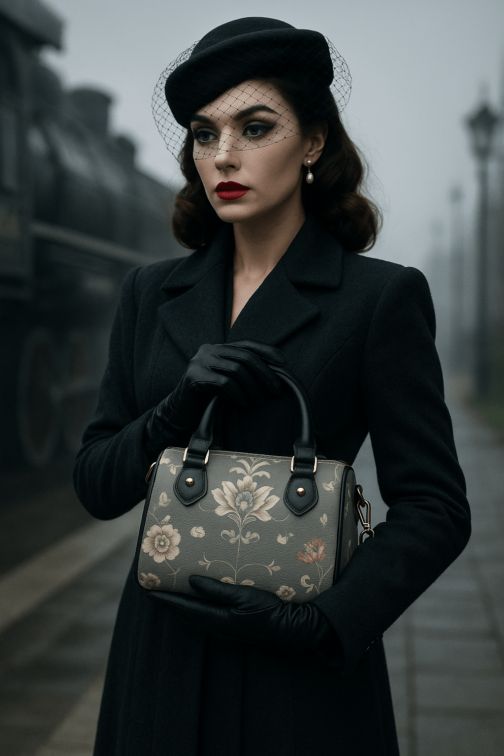 Angelic Blessings Shop silver floral baroque Crossbody satchel barrel handbag held by woman in vintage black outfit