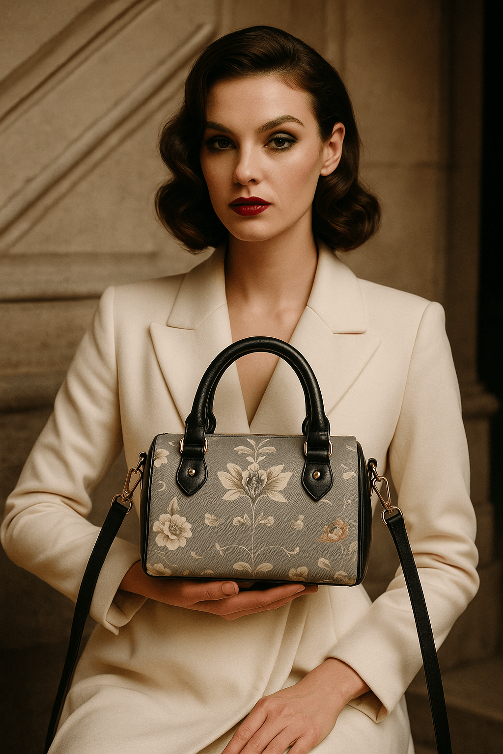 Silver floral baroque Crossbody satchel barrel handbag with black handles held by woman in beige coat