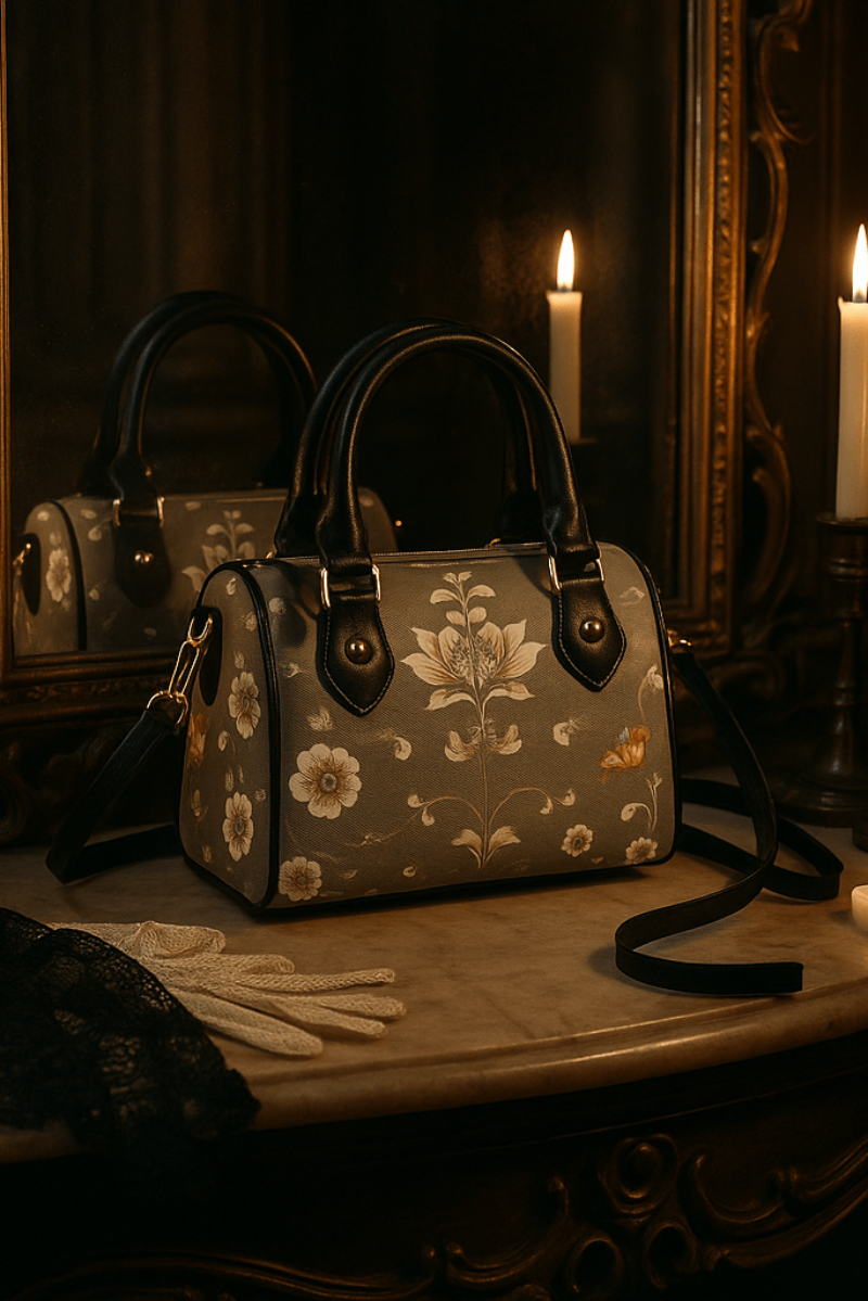 Angelic Blessings Shop silver floral baroque Crossbody satchel handbag on vintage table with candles