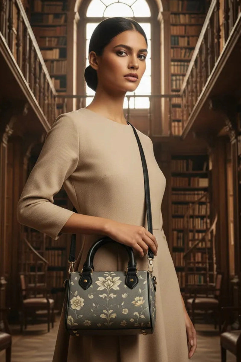 Elegant woman holding silver floral baroque Crossbody satchel handbag in classic library setting