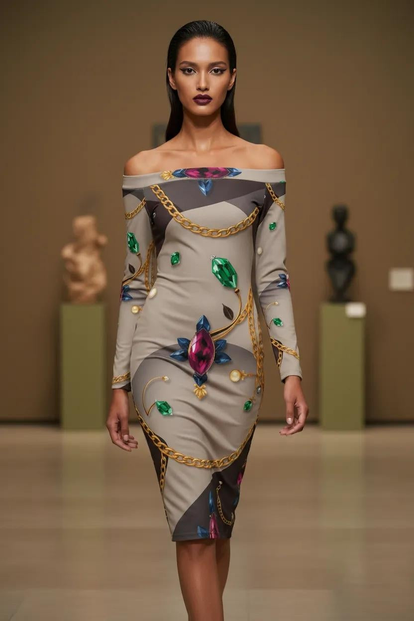 Statement luxury print midi dress for evening wear, elegant off shoulder cocktail dress for formal events