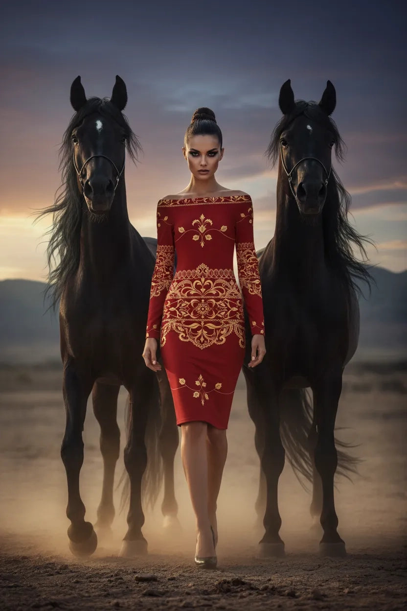 Statement midi dress styled for powerful women with confident posture and modern elegance.