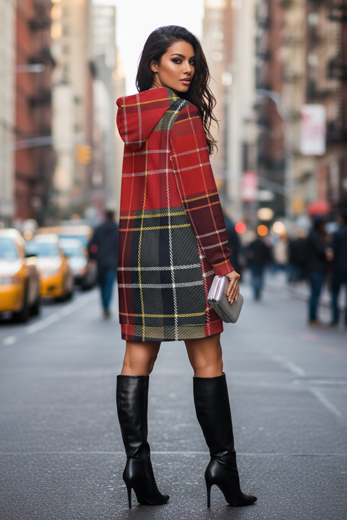 Woman wearing a Scottish tartan hoodie dress with black high-heeled boots on a city street