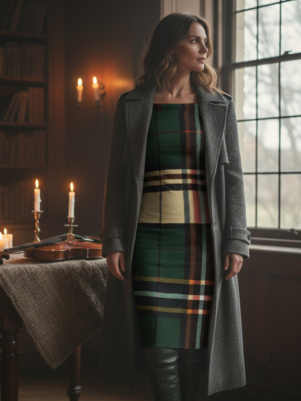 Woman wearing a tartan off the shoulder midi dress with a gray coat in a cozy room with candles