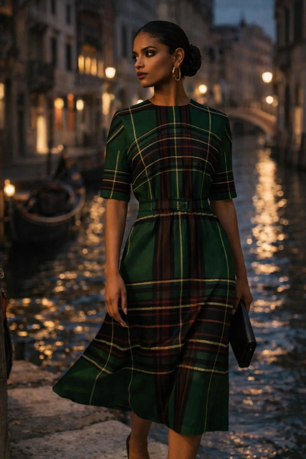 Elegant tartan midi dress suitable for work meetings and polished occasions.