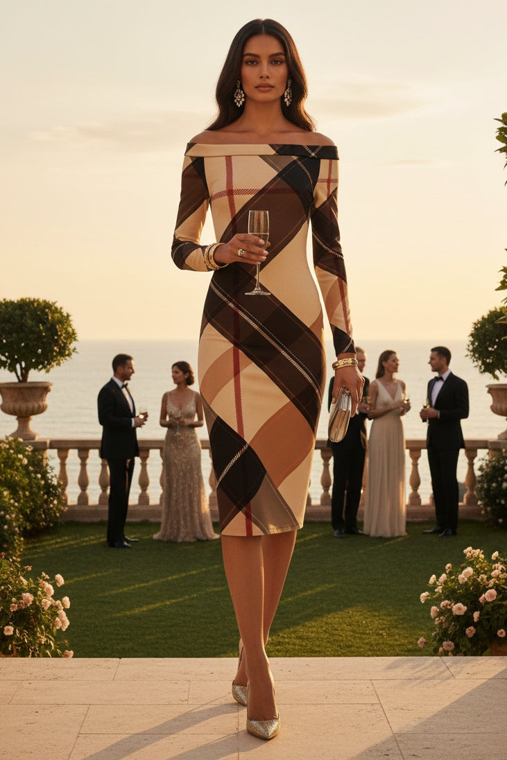Brown tartan off-shoulder midi dress fitted elegant event