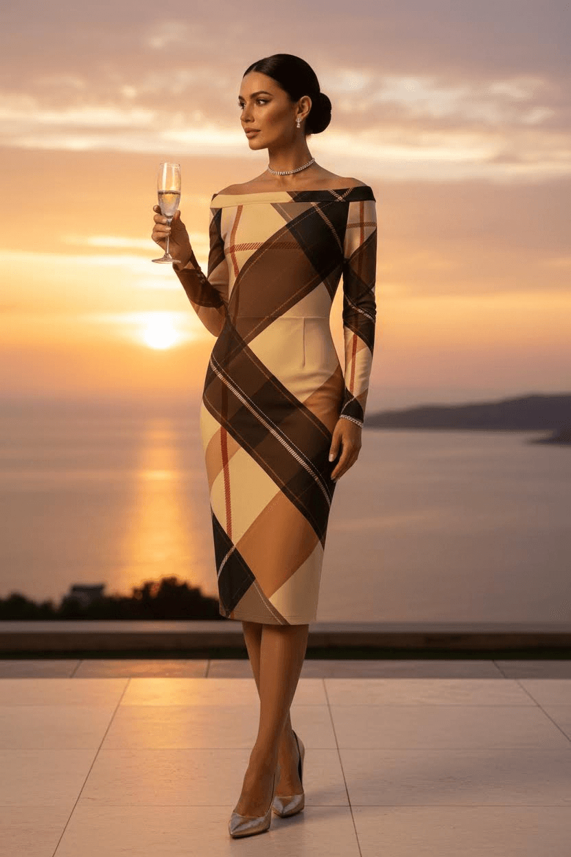 Brown tartan off-shoulder midi dress fitted elegant style