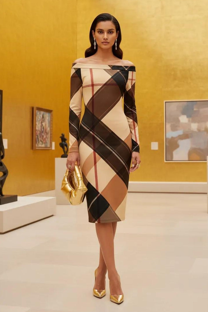 Beige and brown tartan off-shoulder midi dress elegant fit