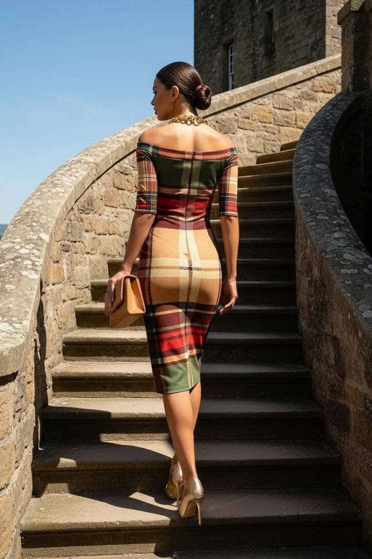 Tartan off shoulder midi dress under 150 dollars for office, wedding guest and formal events USA S to 6XL