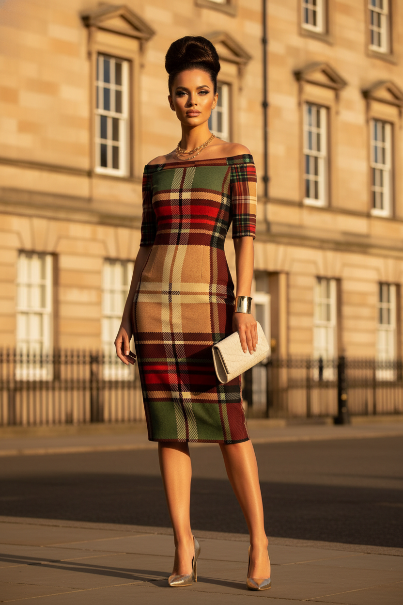 Tartan off shoulder midi wrap dress for elegant office and evening events USA S to 6XL