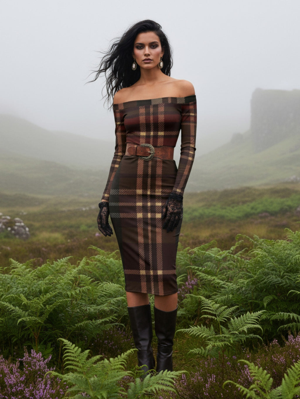 Full-length view of tartan off-shoulder midi dress with long sleeves