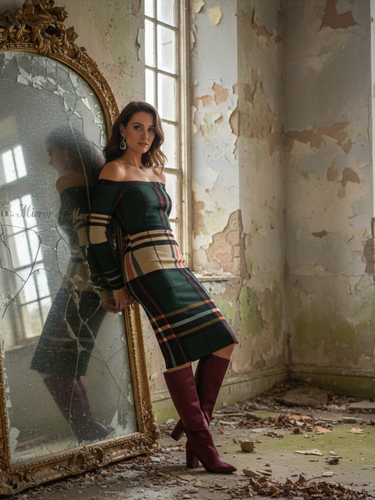 Tartan off the shoulder midi dress by Angelic Blessings Shop worn with maroon boots in rustic setting