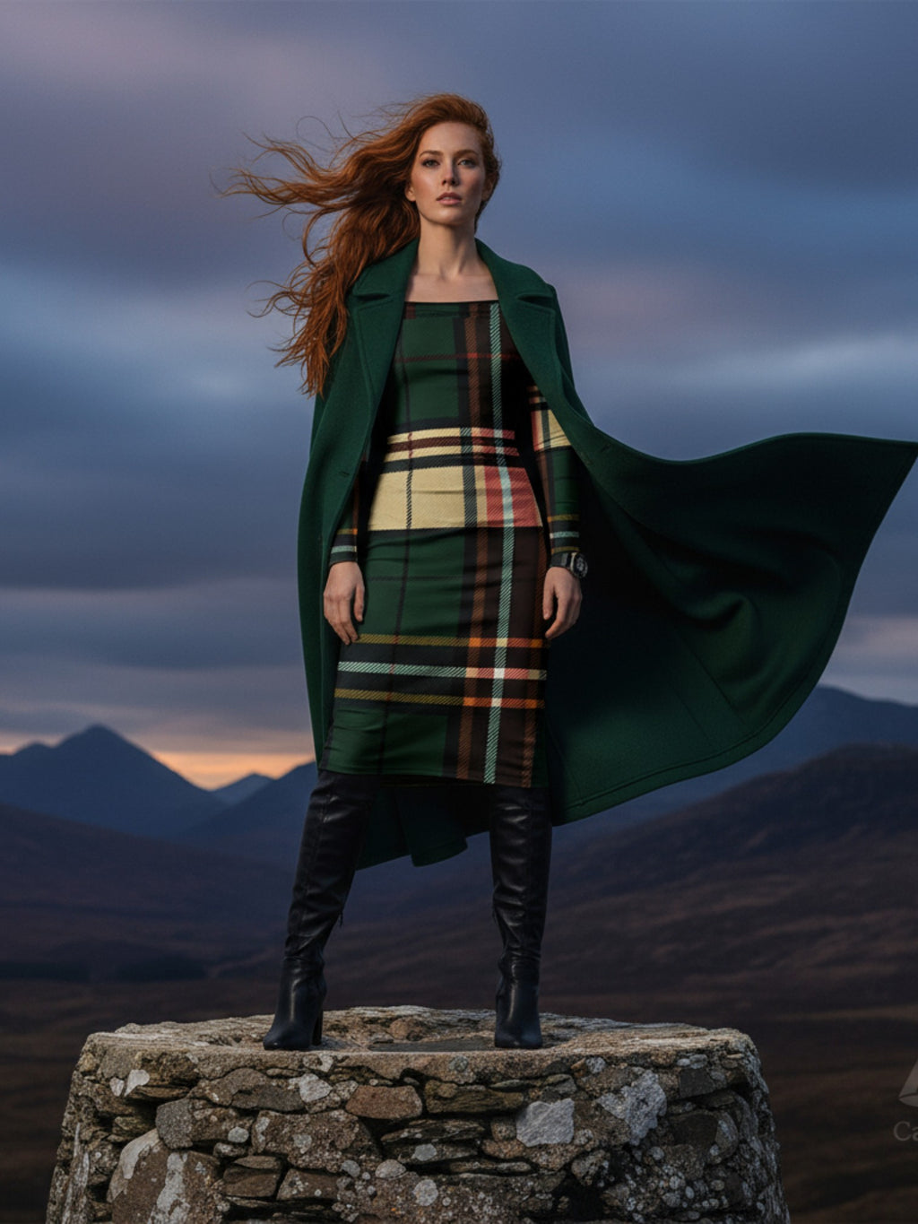 Woman wearing tartan off the shoulder midi dress with green long coat and black boots on stone platform