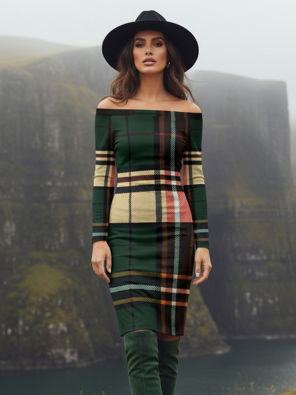 Angelic Blessings Shop tartan off the shoulder midi dress in green and beige plaid worn with black hat outdoors
