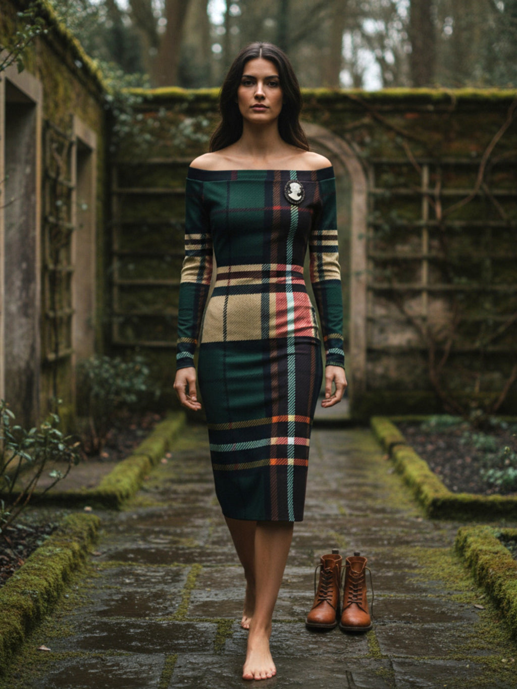 Scottish Aonghas Tartan Off-The-Shoulder Long Sleeve Midi Dress by Angelic Blessings Shop
