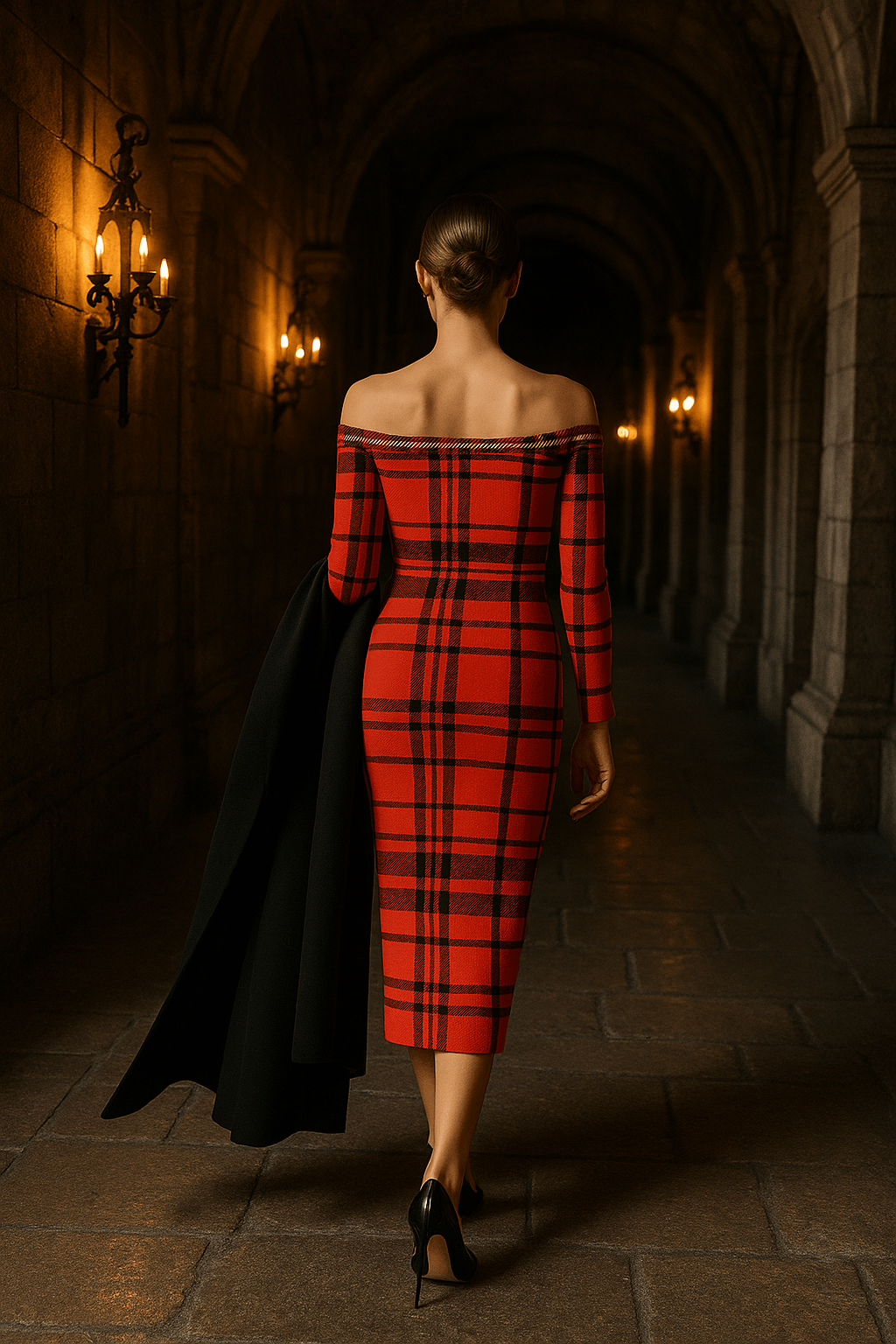 Back view of woman wearing Tioram Red Tartan dress off shoulder bodycon dress Highlands Fashion in stone corridor