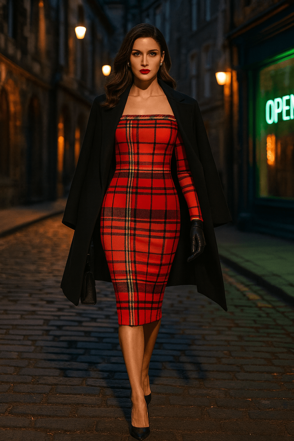 Tioram Red Tartan dress off shoulder bodycon dress styled with black coat in a nighttime city street Highlands Fashion