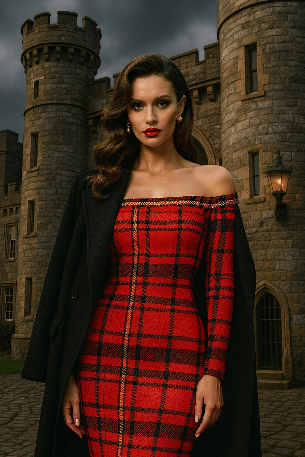 Woman wearing Tioram Red Tartan dress off shoulder bodycon dress styled in Highlands Fashion standing in front of a stone castle