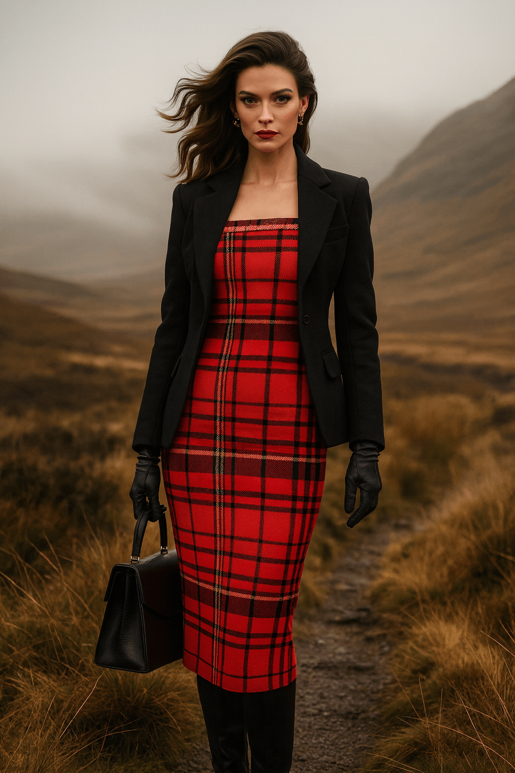 Tioram Red Tartan dress off shoulder bodycon dress styled with black blazer and gloves in Highlands Fashion
