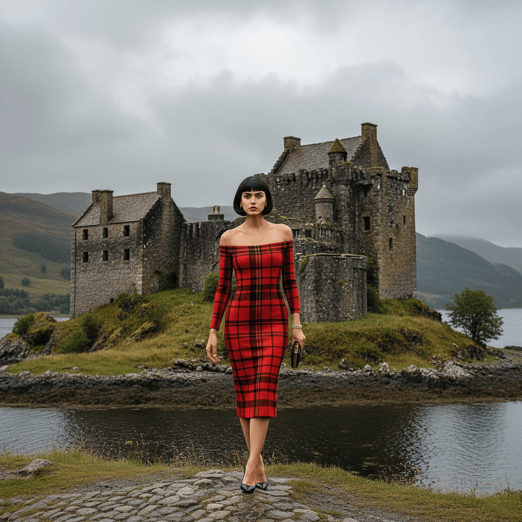 Woman wearing Tioram Red Tartan dress off shoulder bodycon dress from Angelic Blessings Shop in scenic Highlands Fashion setting