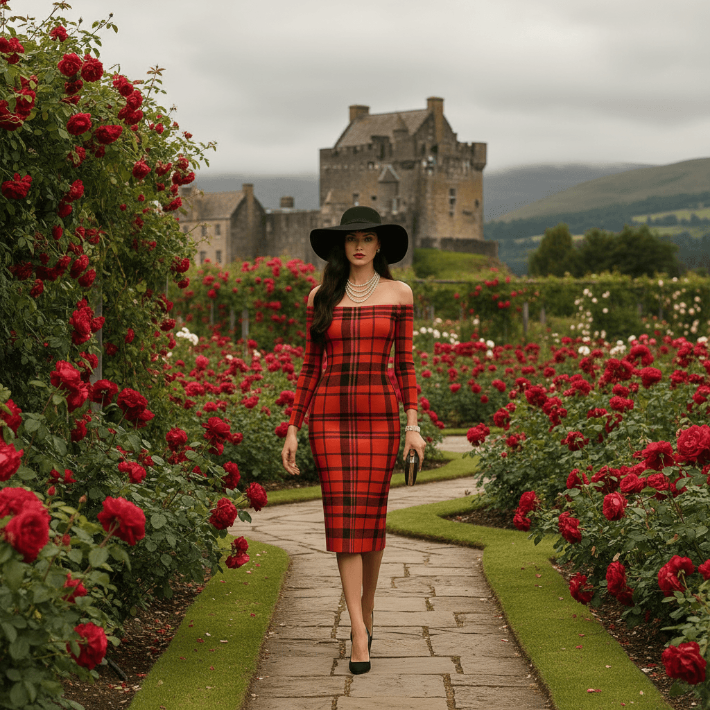 Model wearing Tioram Red Tartan dress off shoulder bodycon dress from Angelic Blessings Shop in a garden with castle background Highlands Fashion
