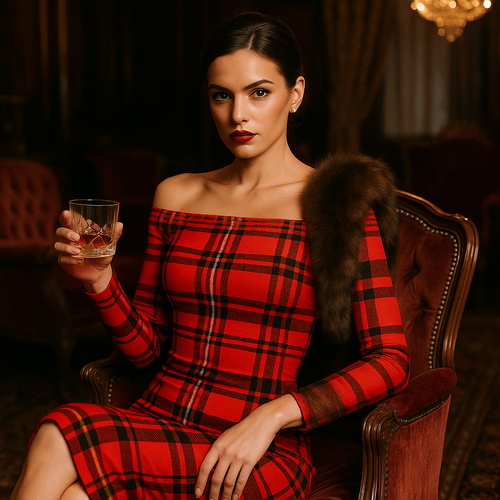 Woman wearing Tioram Red Tartan dress off shoulder bodycon dress sitting with a drink showcasing Highlands Fashion