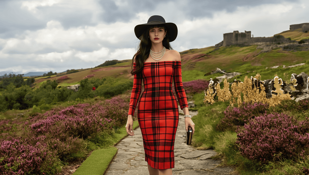 Woman wearing Tioram Red Tartan dress off shoulder bodycon dress from Angelic Blessings Shop in Highlands Fashion outdoors