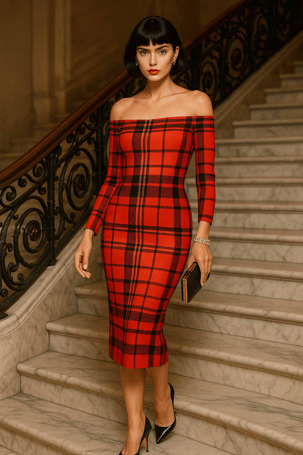 Red tartan off shoulder dress by Angelic Blessings Shop worn by model on marble stairs