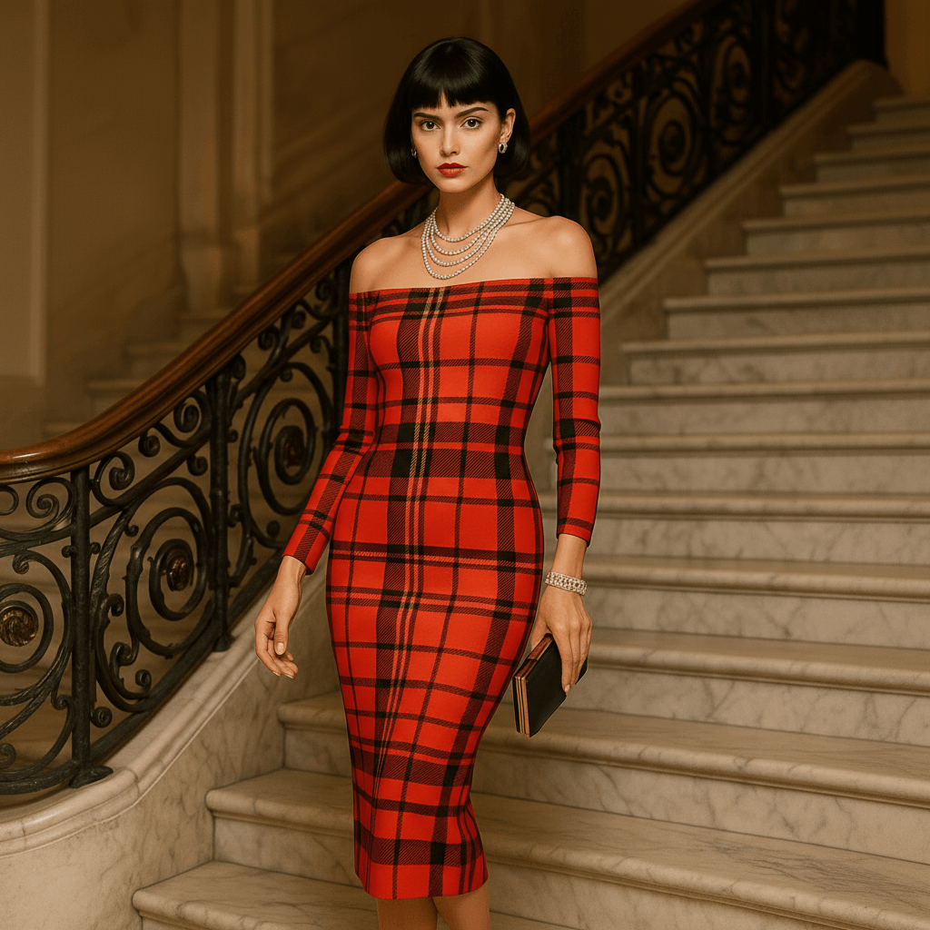 Tioram Red Tartan dress off shoulder bodycon dress styled in Highlands Fashion on model by Angelic Blessings Shop