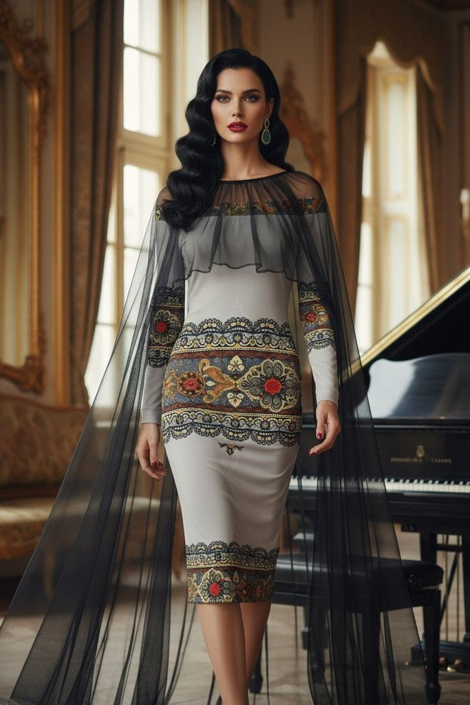 Elegant woman wearing Tsarina Noire Off-The-Shoulder dress Baroque lace print with black sheer cape in luxurious room