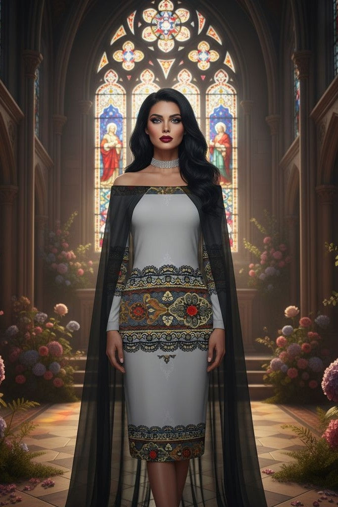 Angelic Blessings Shop-Tsarina Noire Off-The-Shoulder Dress, Baroque Lace Print - Angelic Blessings