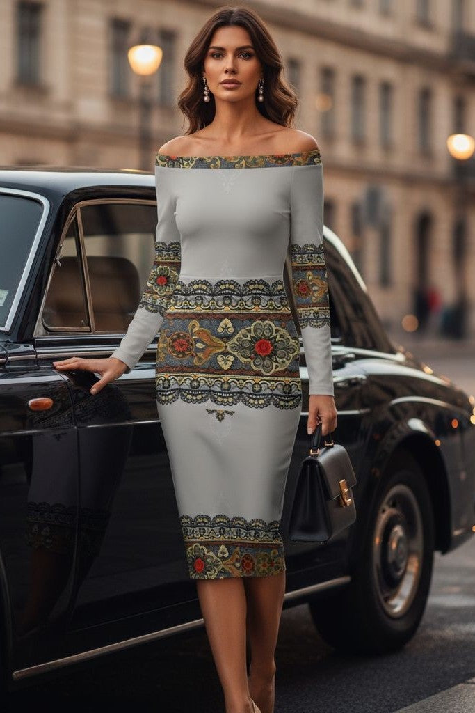 Woman wearing Tsarina Noire Off-The-Shoulder dress Baroque lace print standing by a black classic car