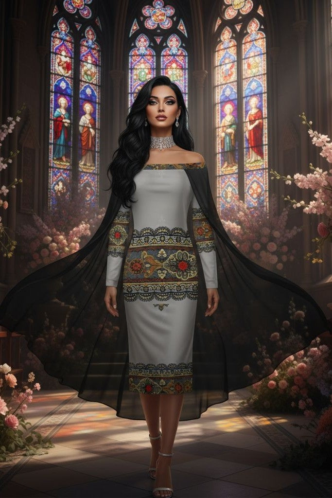 Angelic Blessings Shop-Tsarina Noire Off-The-Shoulder Dress, Baroque Lace Print - Angelic Blessings