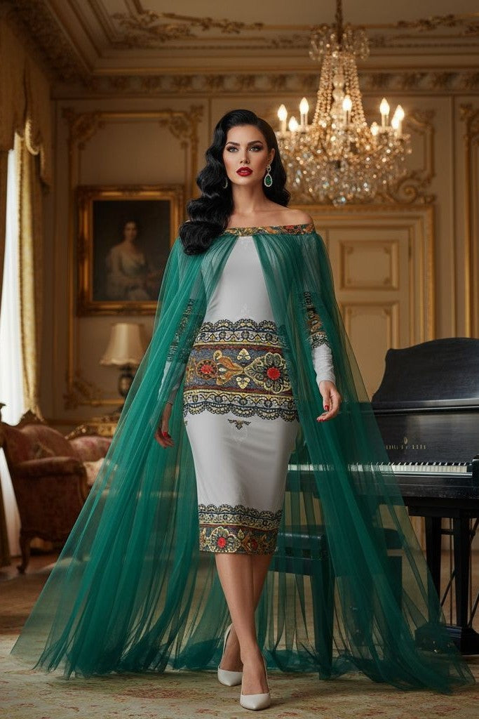 Off-The-Shoulder Dress, Baroque Lace Print - Angelic Blessings