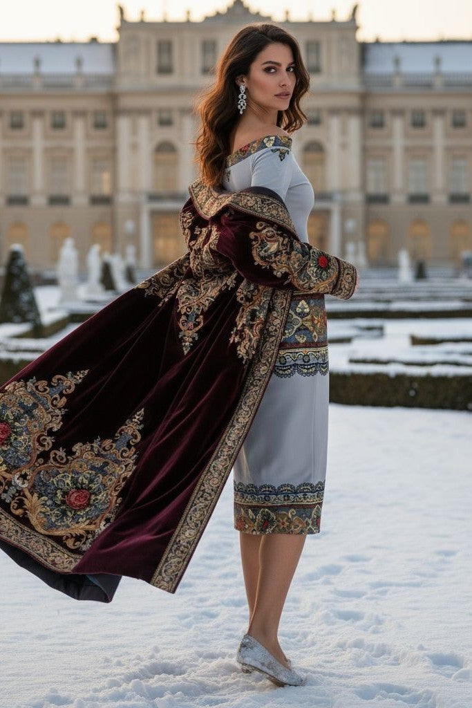 Woman wearing Tsarina Noire Off-The-Shoulder dress with Baroque lace print in snowy garden setting