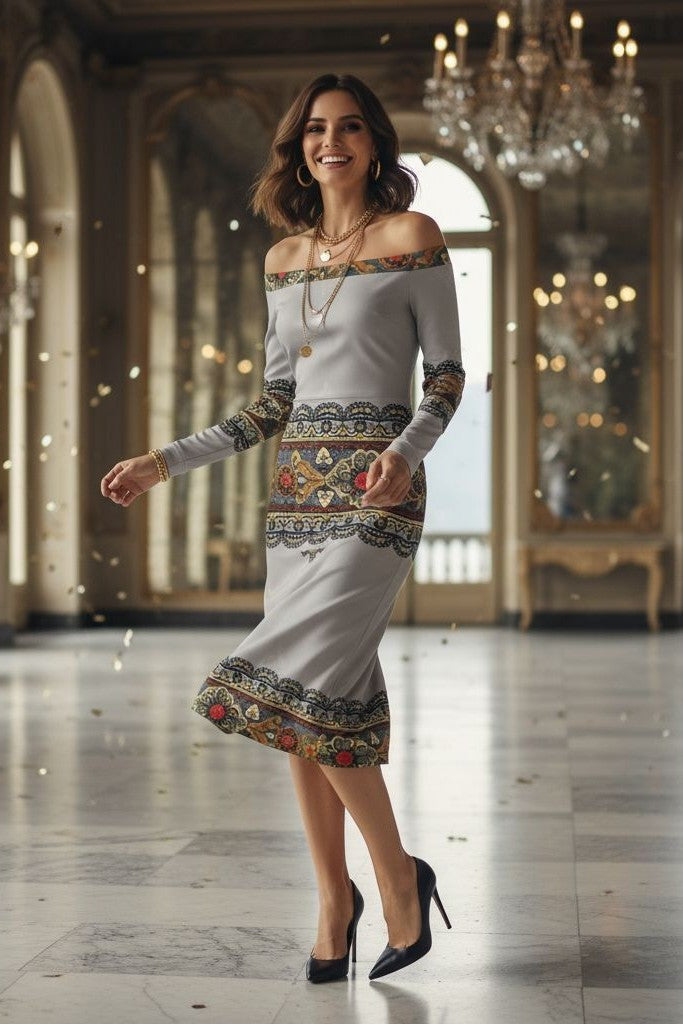 Elegant woman wearing Tsarina Noire Off-The-Shoulder dress Baroque lace print with black heels indoors