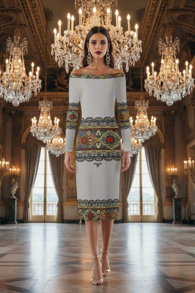 Tsarina Noire Off-The-Shoulder dress Baroque lace print worn by model in elegant chandelier-lit room
