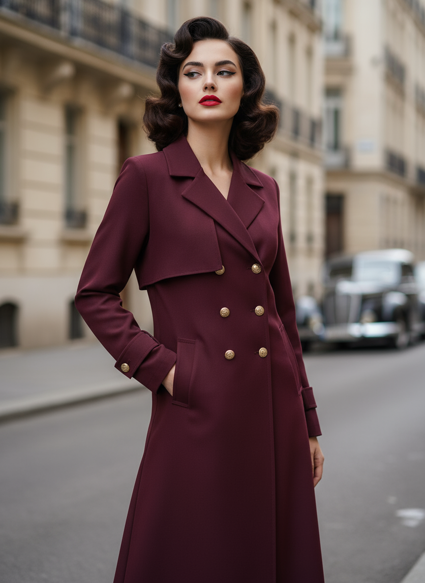Elegant luxury burgundy trench coat women with double-breasted gold buttons and tailored fit
