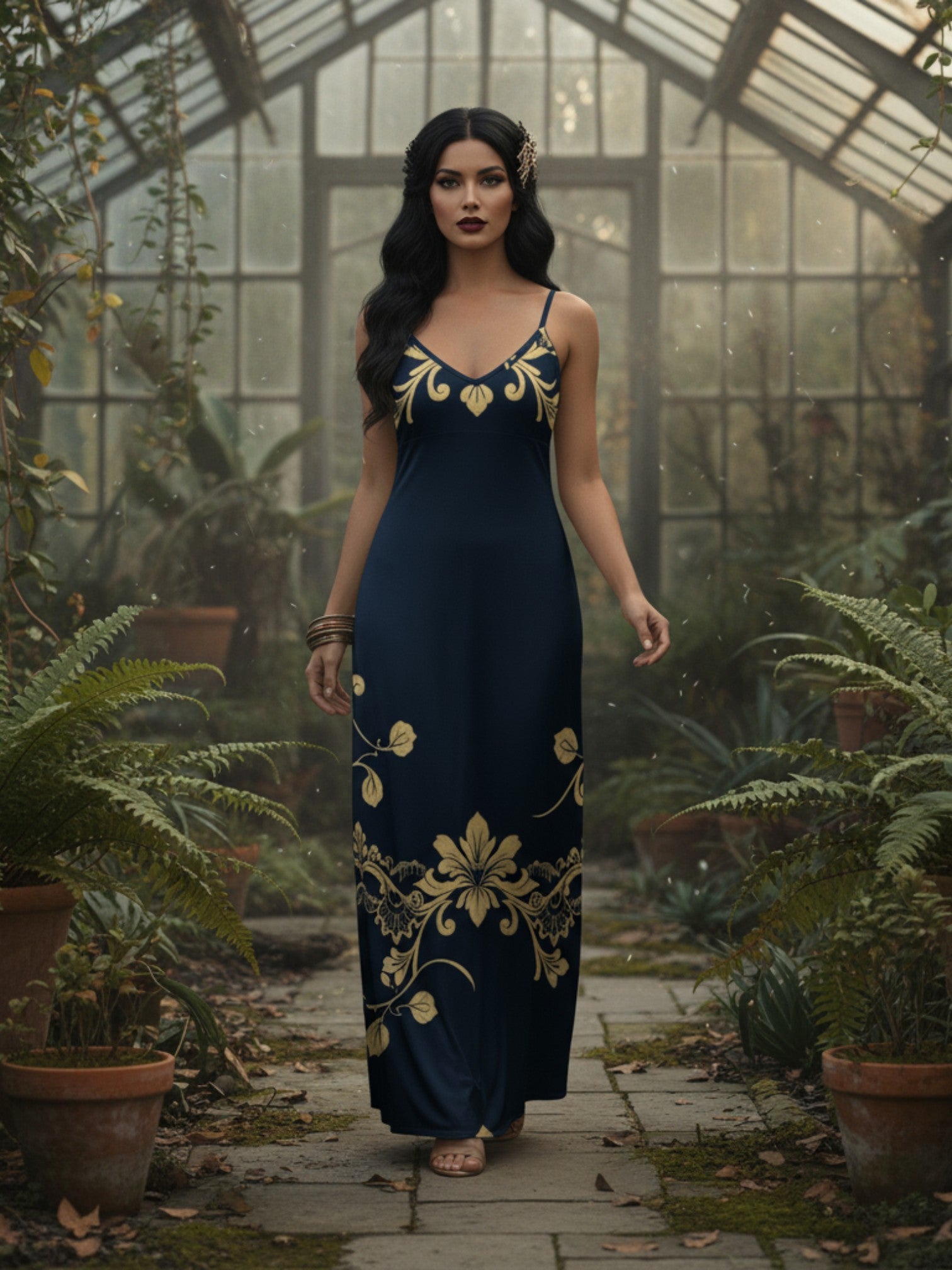 Side view of royal blue V-neck maxi dress with elegant print