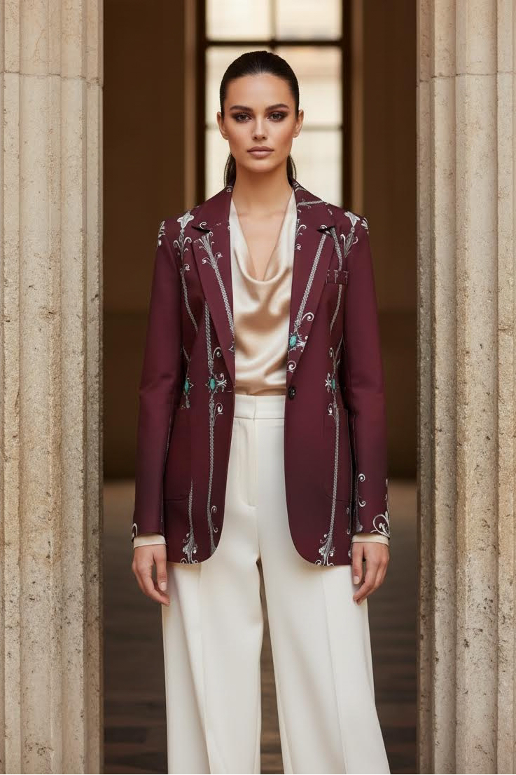 Luxury burgundy women’s blazer styled for executive office wear