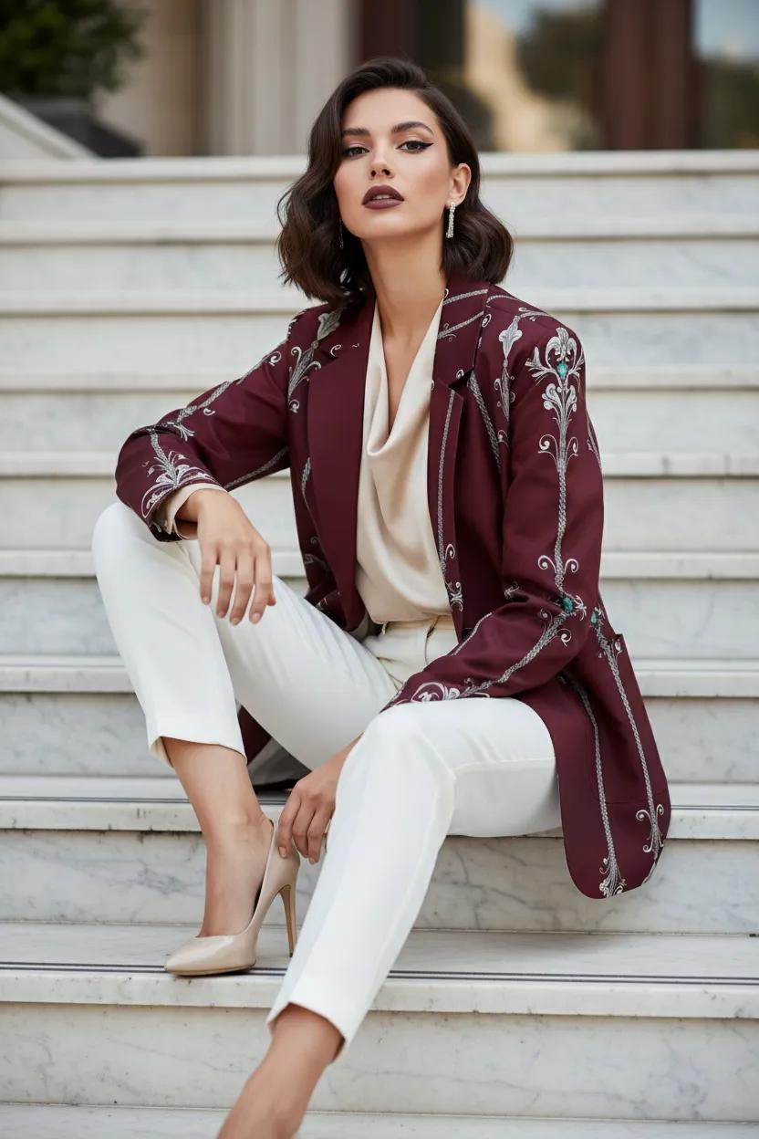 Side view of structured burgundy women’s blazer with lapel collar