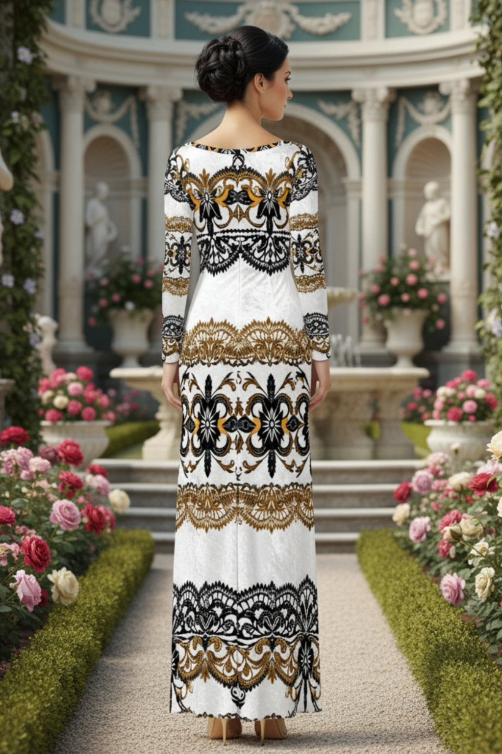 Back view of Velora Velvet Shine Long Sleeve Maxi Dress Elegant Baroque Evening Gown XS–6XL in white black and gold pattern