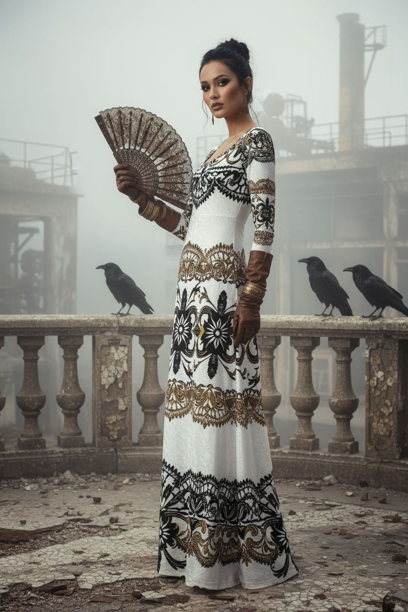 Velora Velvet Shine Long Sleeve Maxi Dress Elegant Baroque Evening Gown XS–6XL worn with gloves and fan in moody outdoor setting