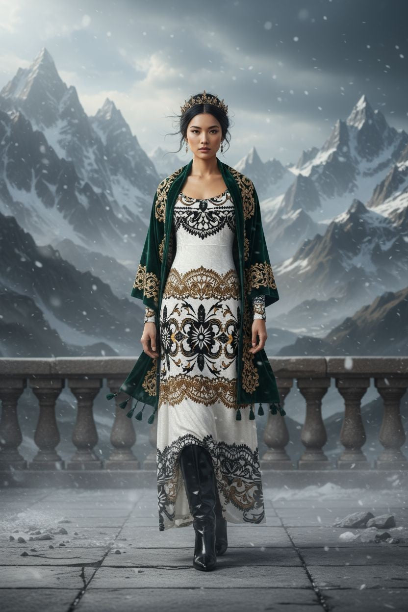 Velora Velvet Shine Long Sleeve Maxi Dress Elegant Baroque Evening Gown XS–6XL worn with green embroidered coat in snowy mountain setting