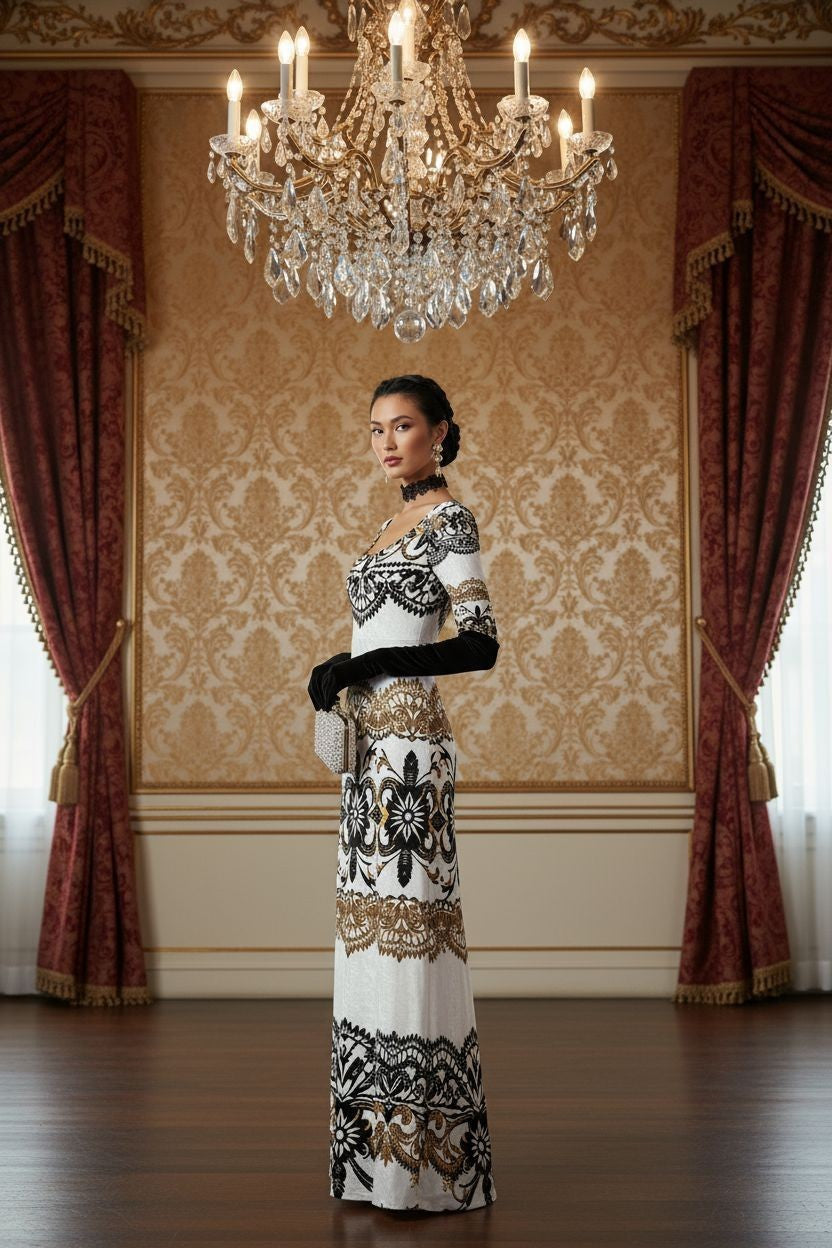 Velora Velvet Shine Long Sleeve Maxi Dress Elegant Baroque Evening Gown XS–6XL worn by model in a luxurious room