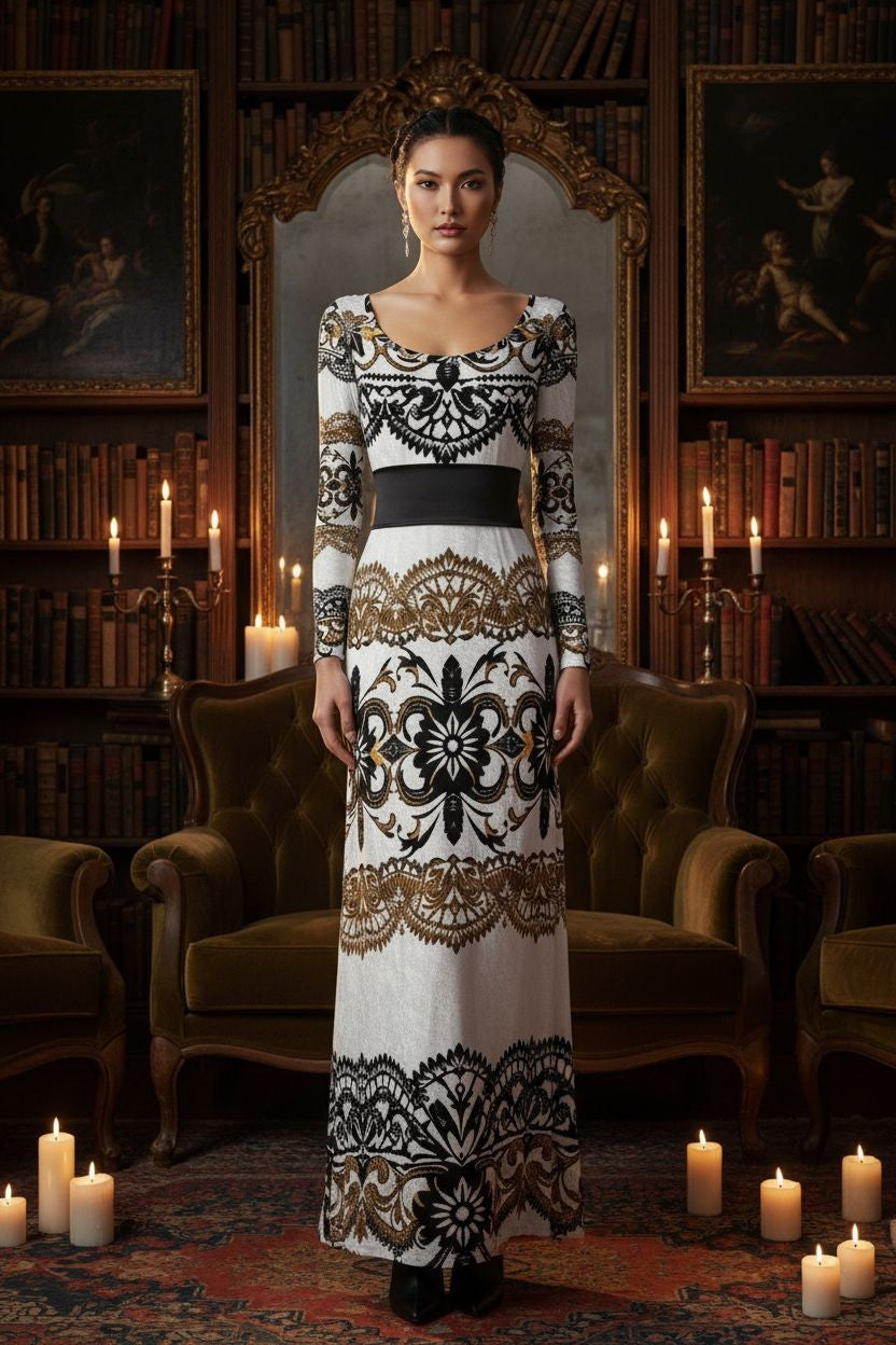 Velora Velvet Shine Long Sleeve Maxi Dress Elegant Baroque Evening Gown XS–6XL worn by model in vintage library setting