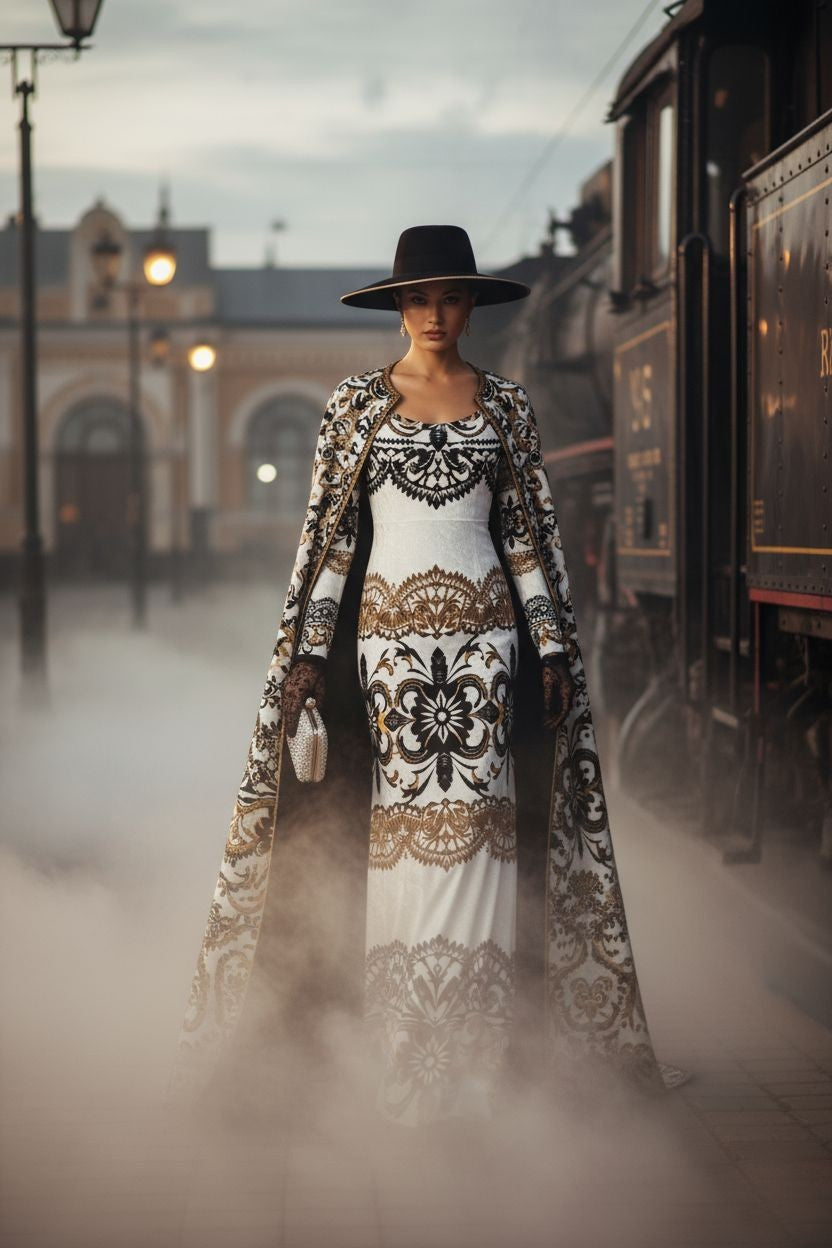 Velora Velvet Shine Long Sleeve Maxi Dress Elegant Baroque Evening Gown XS–6XL worn with matching cape and black hat