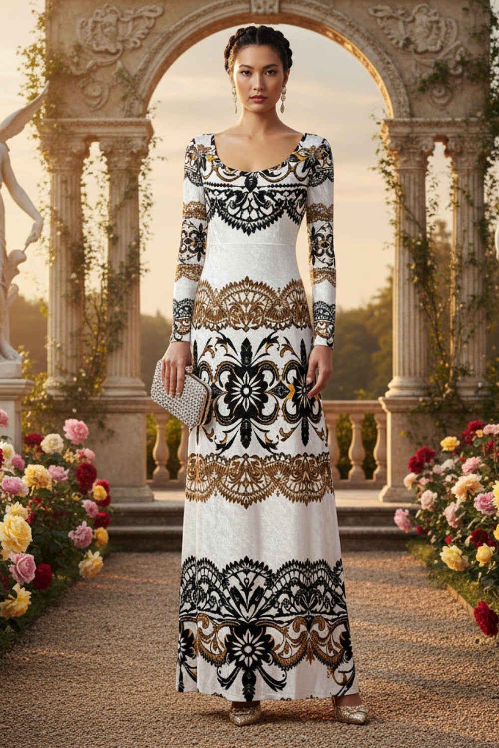 Velora Velvet Shine Long Sleeve Maxi Dress Elegant Baroque Evening Gown XS–6XL with intricate black and gold pattern